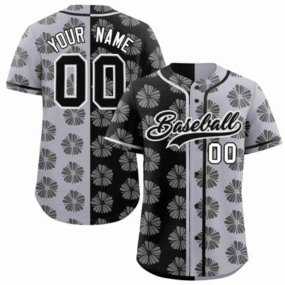 Custom Black Light Gray Split Fashion Flower Graffiti Pattern Authentic Baseball Jersey