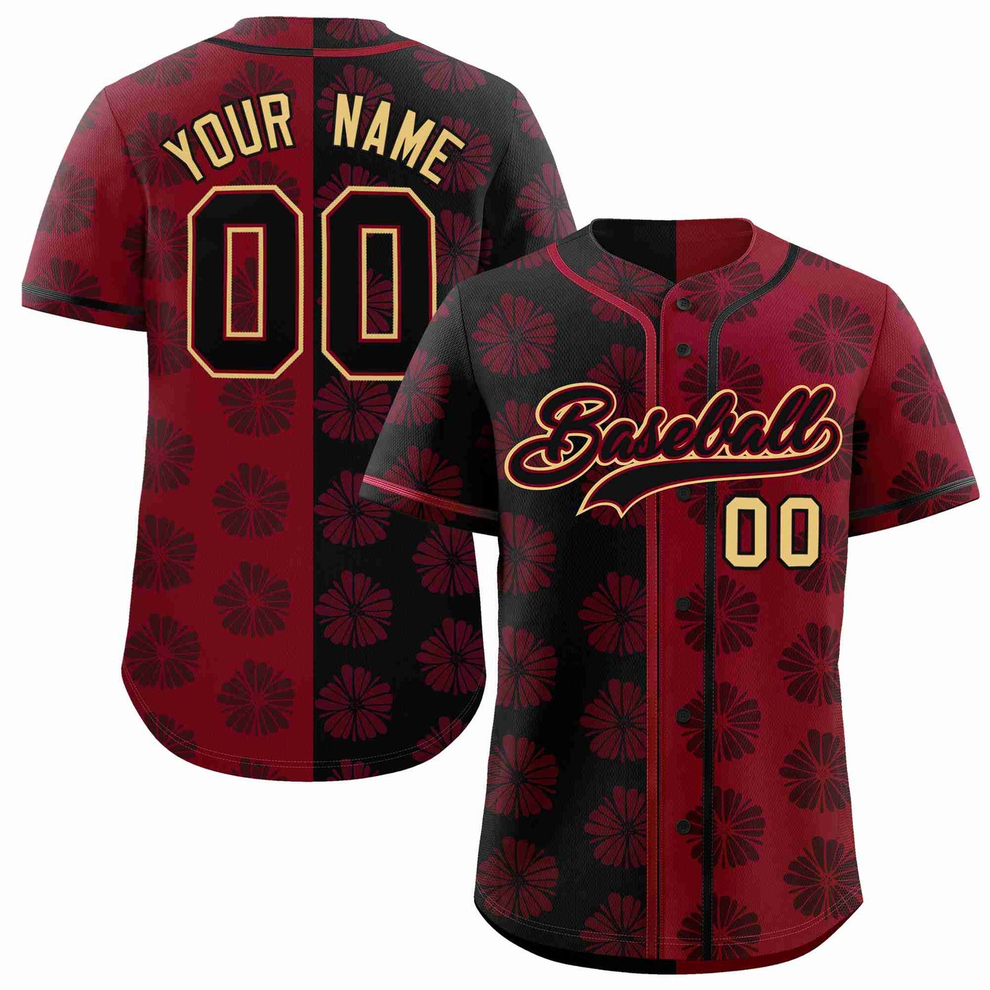 Custom Black Crimson Split Fashion Flower Graffiti Pattern Authentic Baseball Jersey