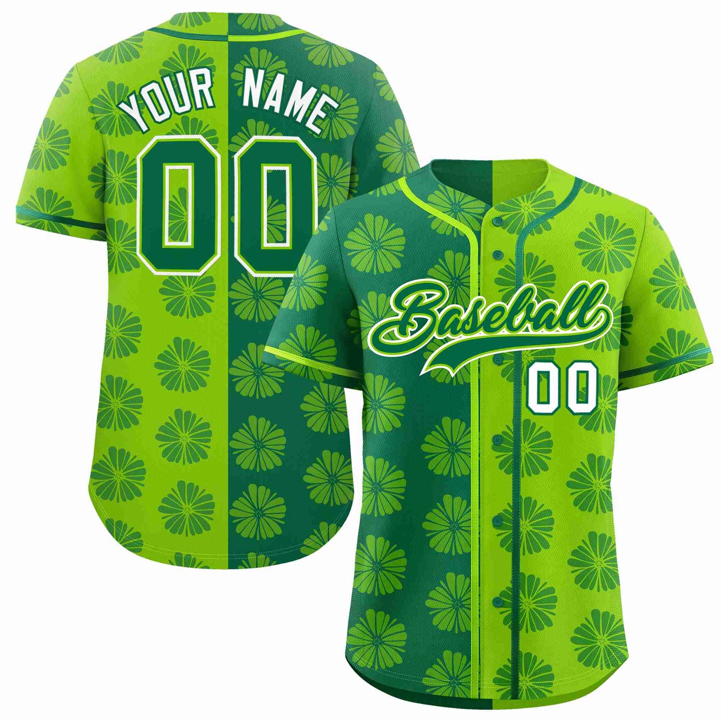 Custom Kelly Green Neon Green Split Fashion Flower Graffiti Pattern Authentic Baseball Jersey