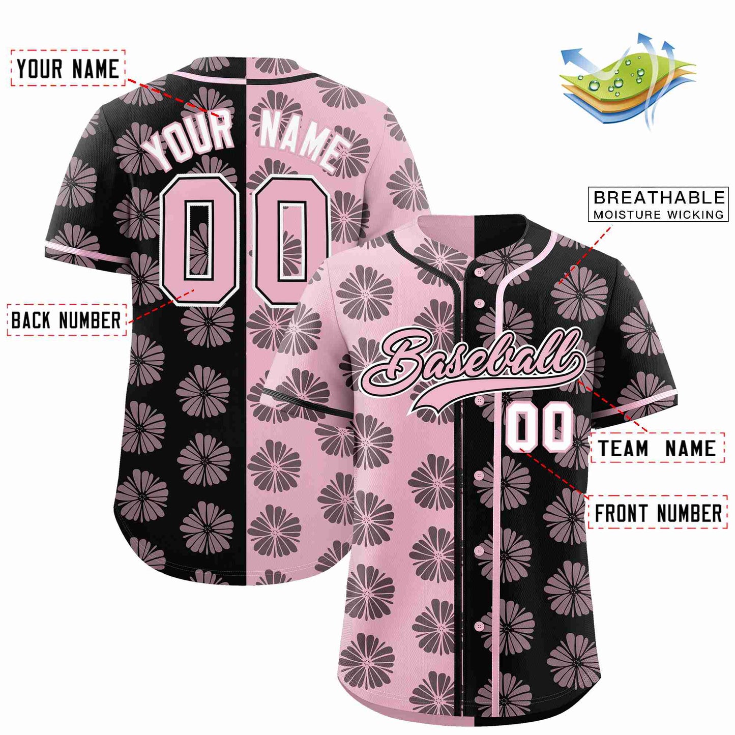 Custom Light Pink Black Split Fashion Flower Graffiti Pattern Authentic Baseball Jersey