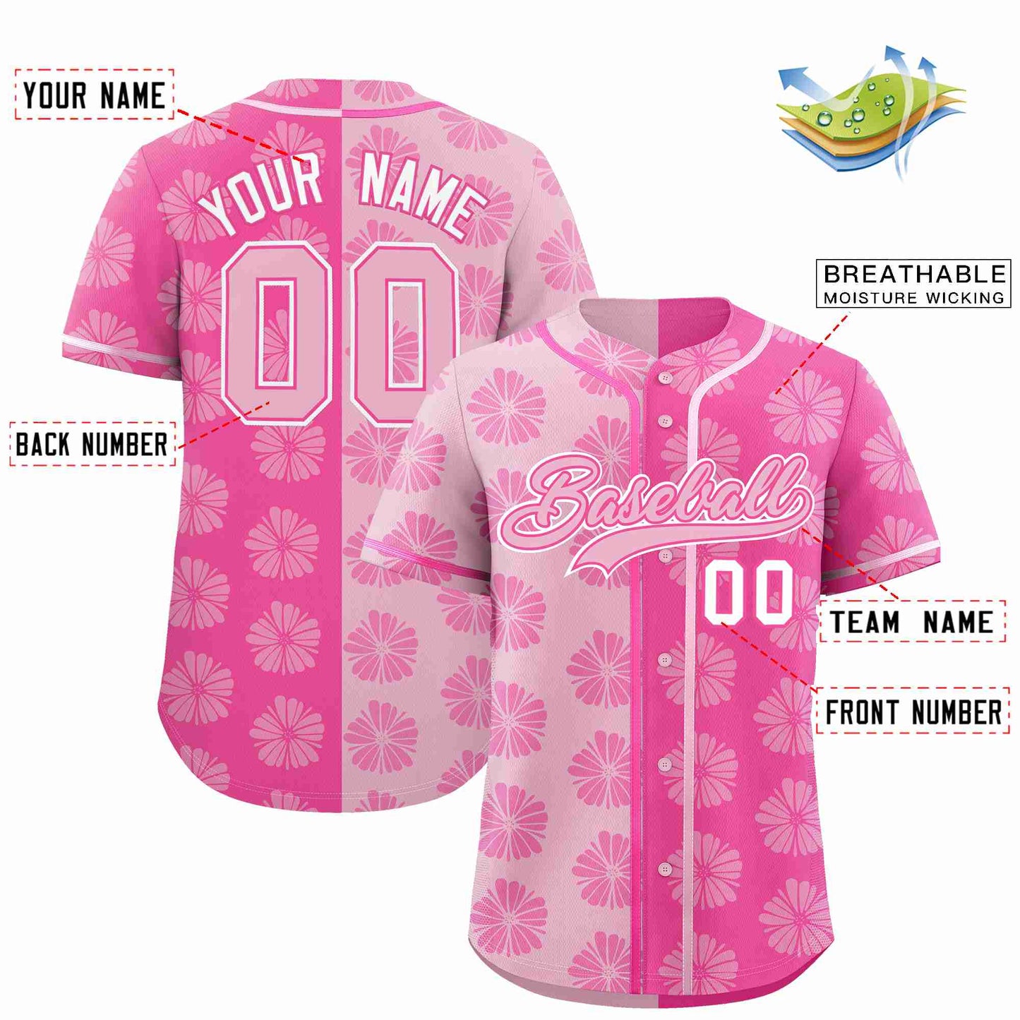 Custom Light Pink Pink Split Fashion Flower Graffiti Pattern Authentic Baseball Jersey