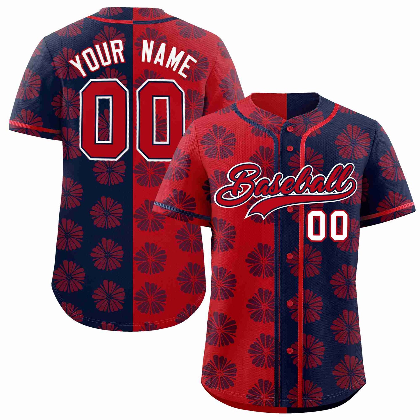 Custom Red Navy Split Fashion Flower Graffiti Pattern Authentic Baseball Jersey