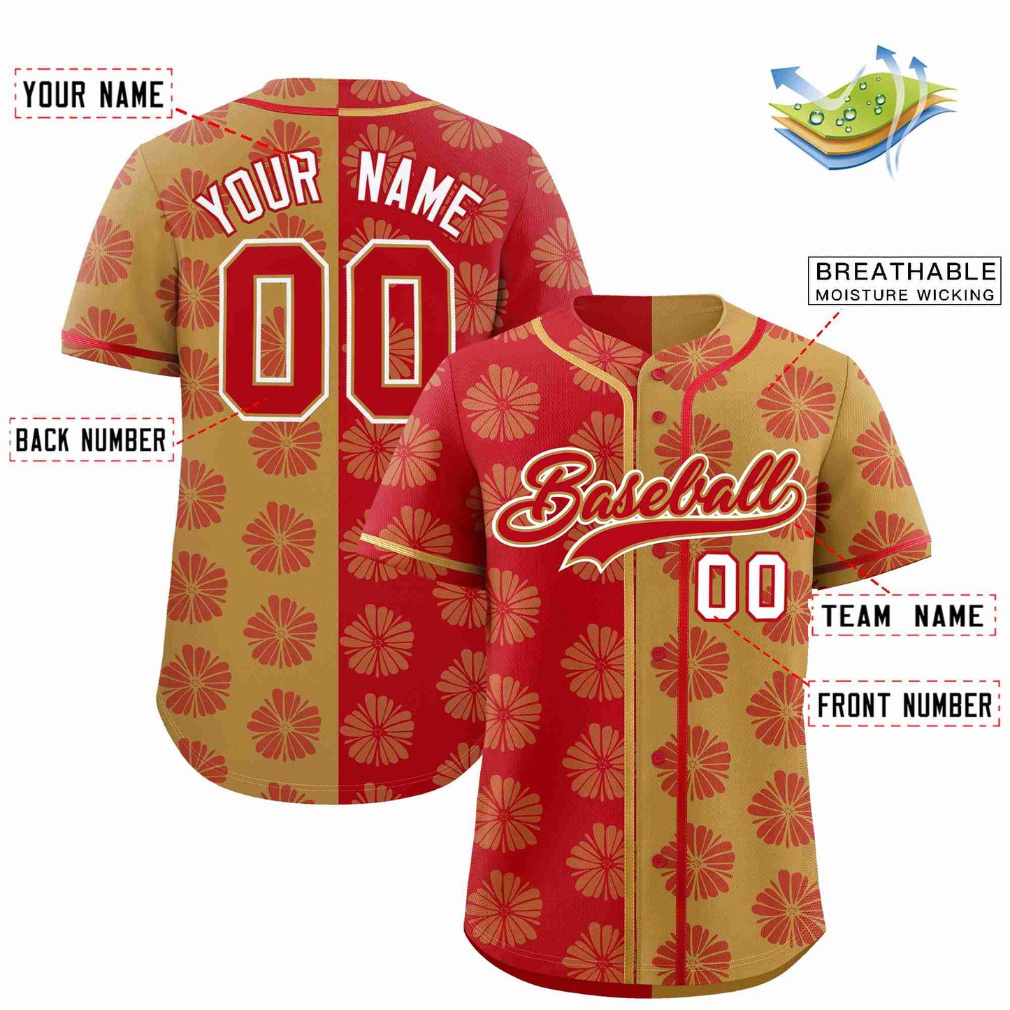 Custom Red Old Gold Split Fashion Flower Graffiti Pattern Authentic Baseball Jersey