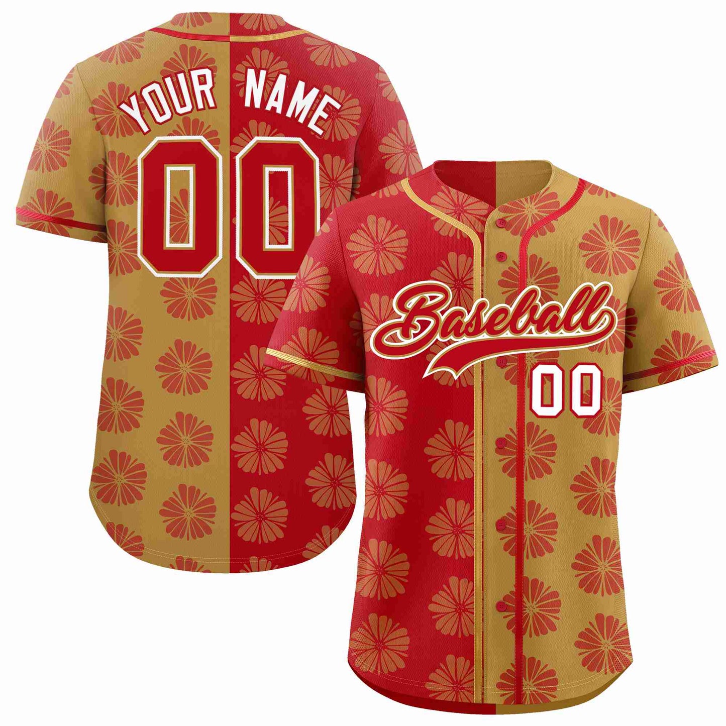 Custom Red Old Gold Split Fashion Flower Graffiti Pattern Authentic Baseball Jersey