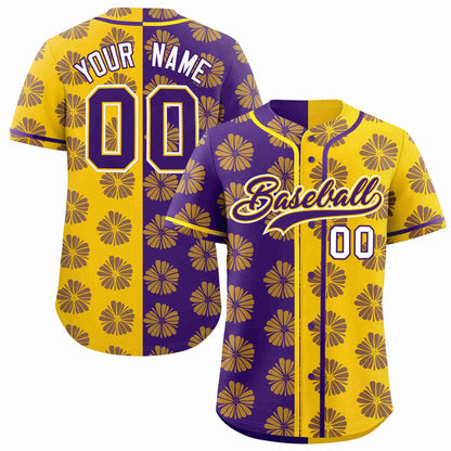 Custom Purple Gold Split Fashion Flower Graffiti Pattern Authentic Baseball Jersey