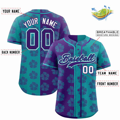 Custom Purple Aqua Split Fashion Flower Graffiti Pattern Authentic Baseball Jersey