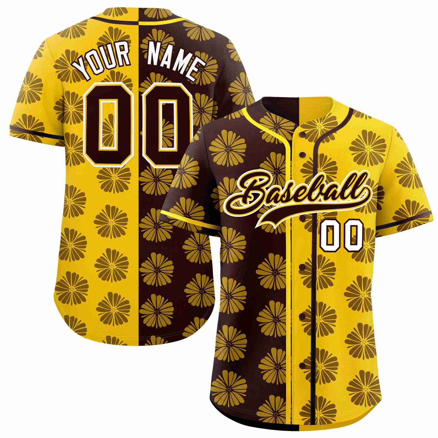 Custom Brown Gold Split Fashion Flower Graffiti Pattern Authentic Baseball Jersey