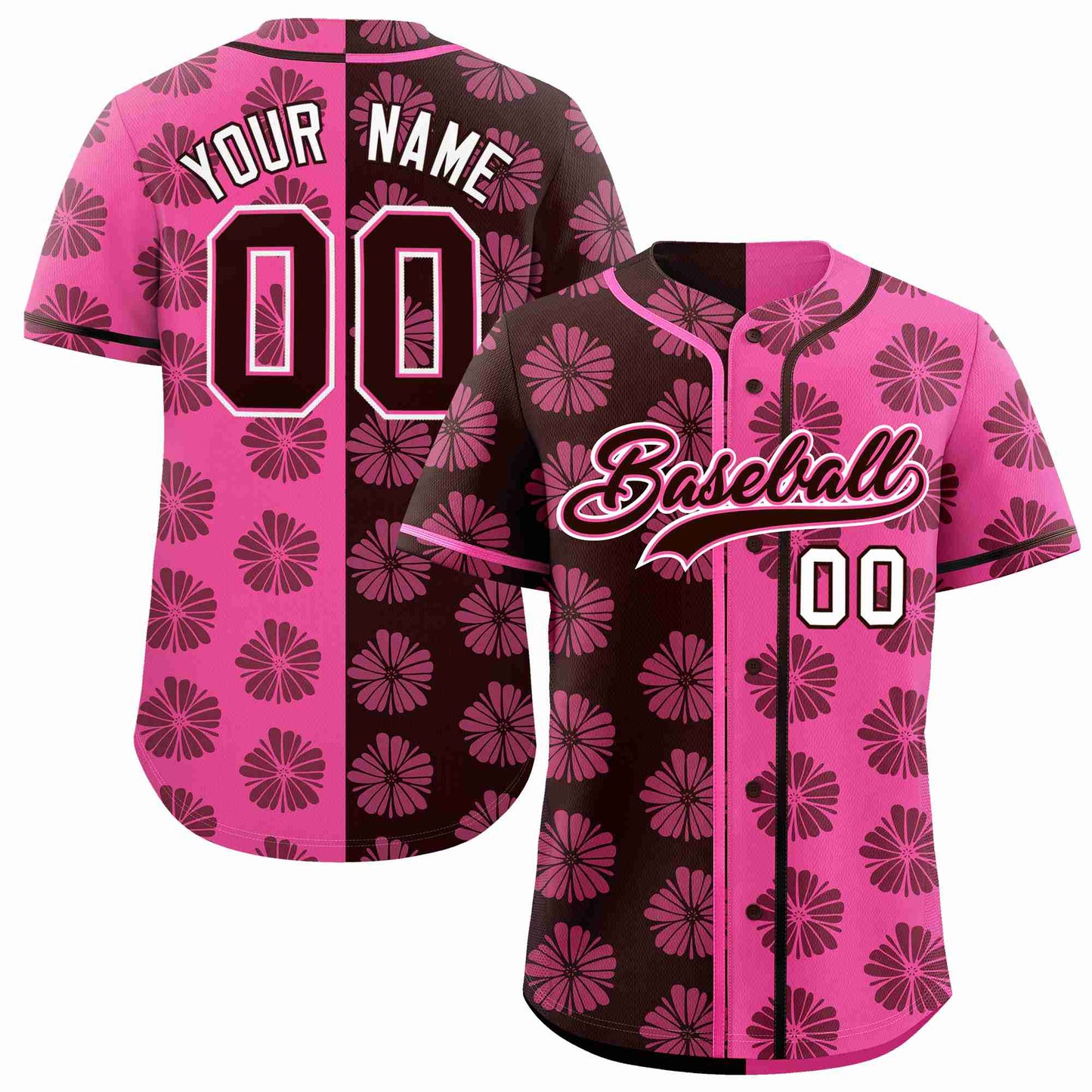 Custom Brown Pink Split Fashion Flower Graffiti Pattern Authentic Baseball Jersey