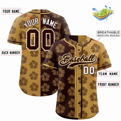 Custom Brown Old Gold Split Fashion Flower Graffiti Pattern Authentic Baseball Jersey