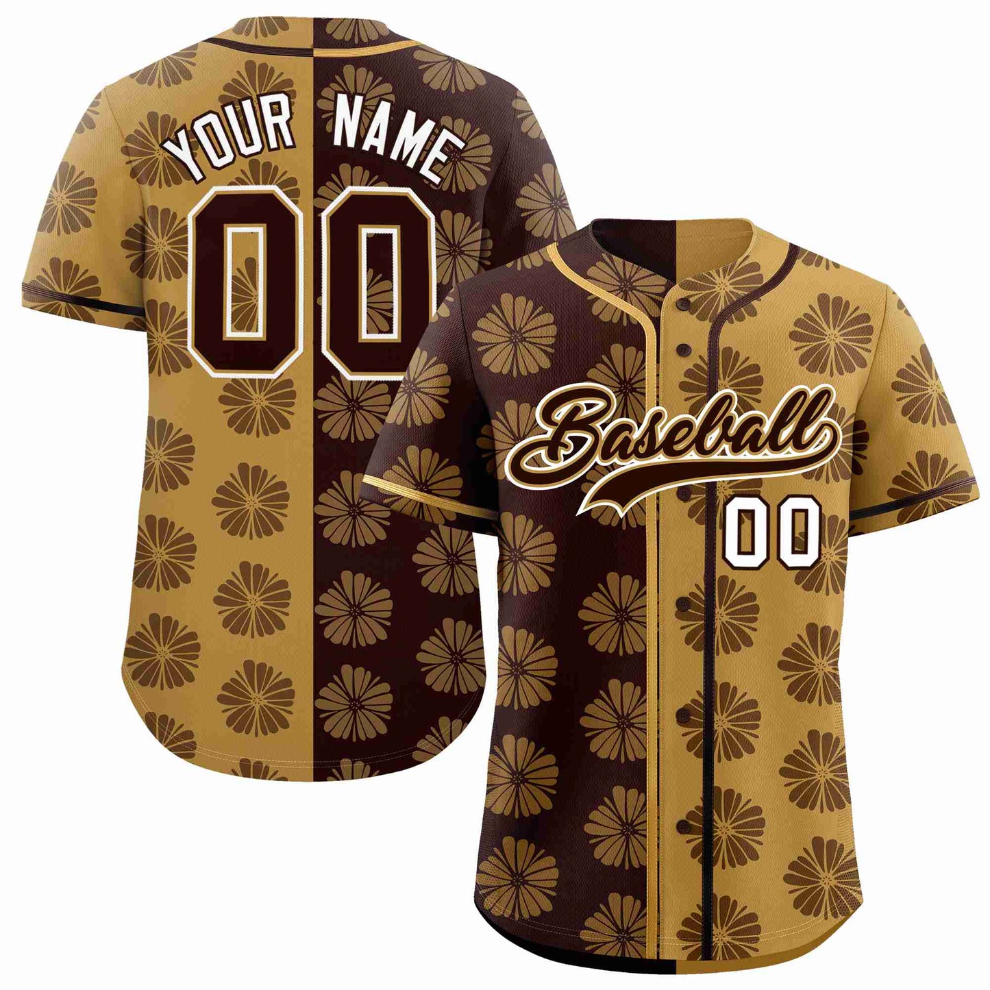 Custom Brown Old Gold Split Fashion Flower Graffiti Pattern Authentic Baseball Jersey