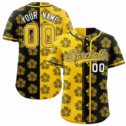 Custom Gold Black Split Fashion Flower Graffiti Pattern Authentic Baseball Jersey