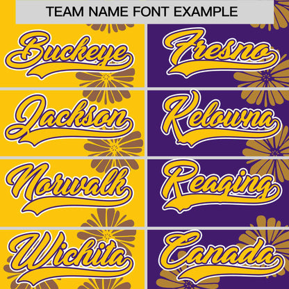 Custom Gold Purple Split Fashion Flower Graffiti Pattern Authentic Baseball Jersey