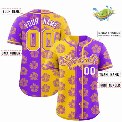 Custom Gold Purple Split Fashion Flower Graffiti Pattern Authentic Baseball Jersey