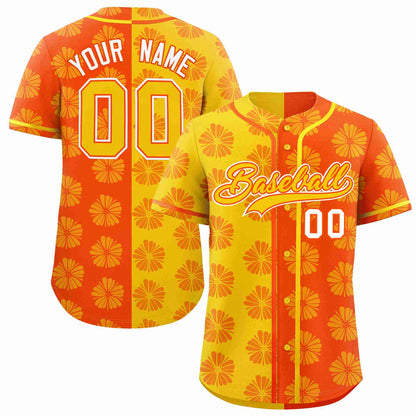 Custom Gold Orange Split Fashion Flower Graffiti Pattern Authentic Baseball Jersey