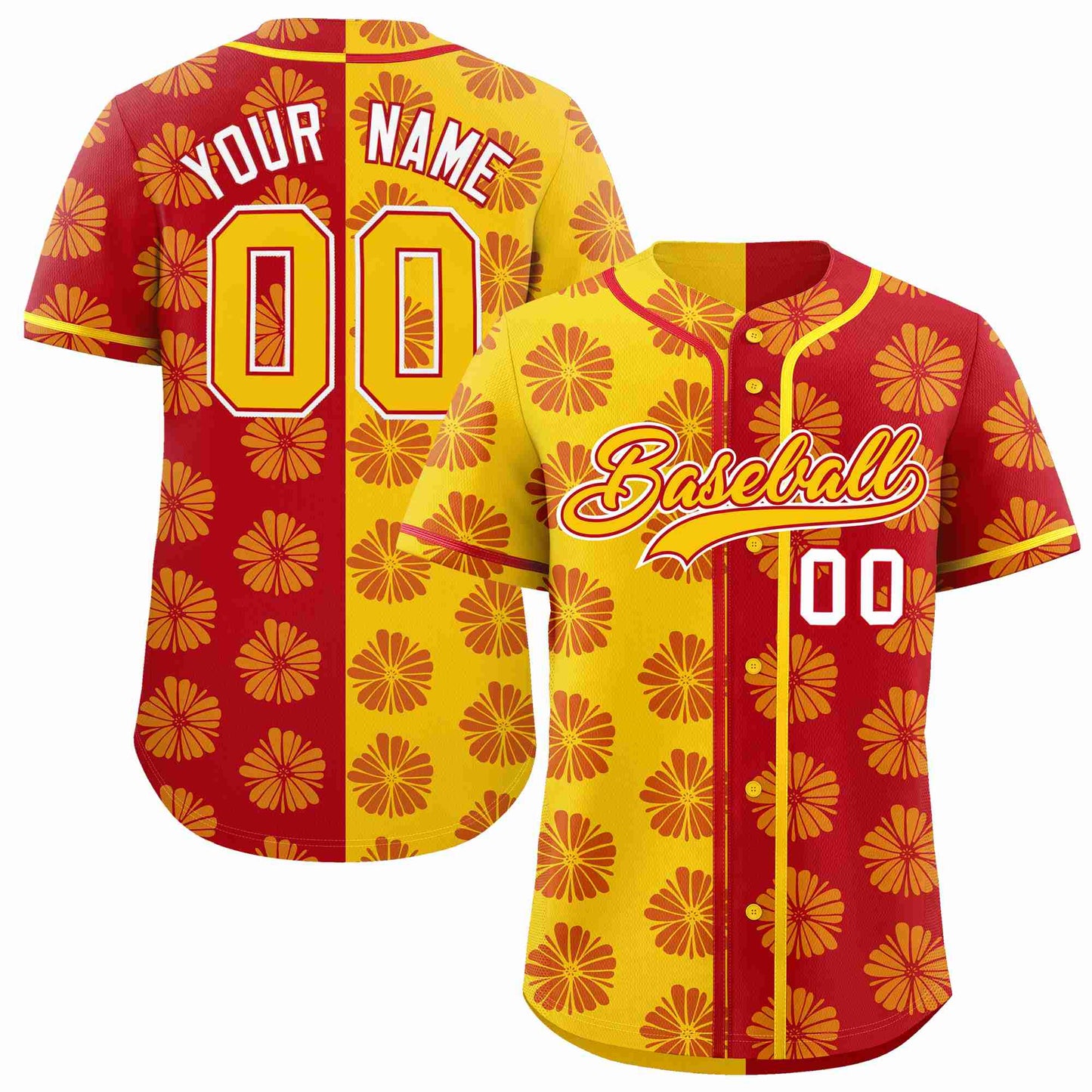 Custom Gold Red Split Fashion Flower Graffiti Pattern Authentic Baseball Jersey