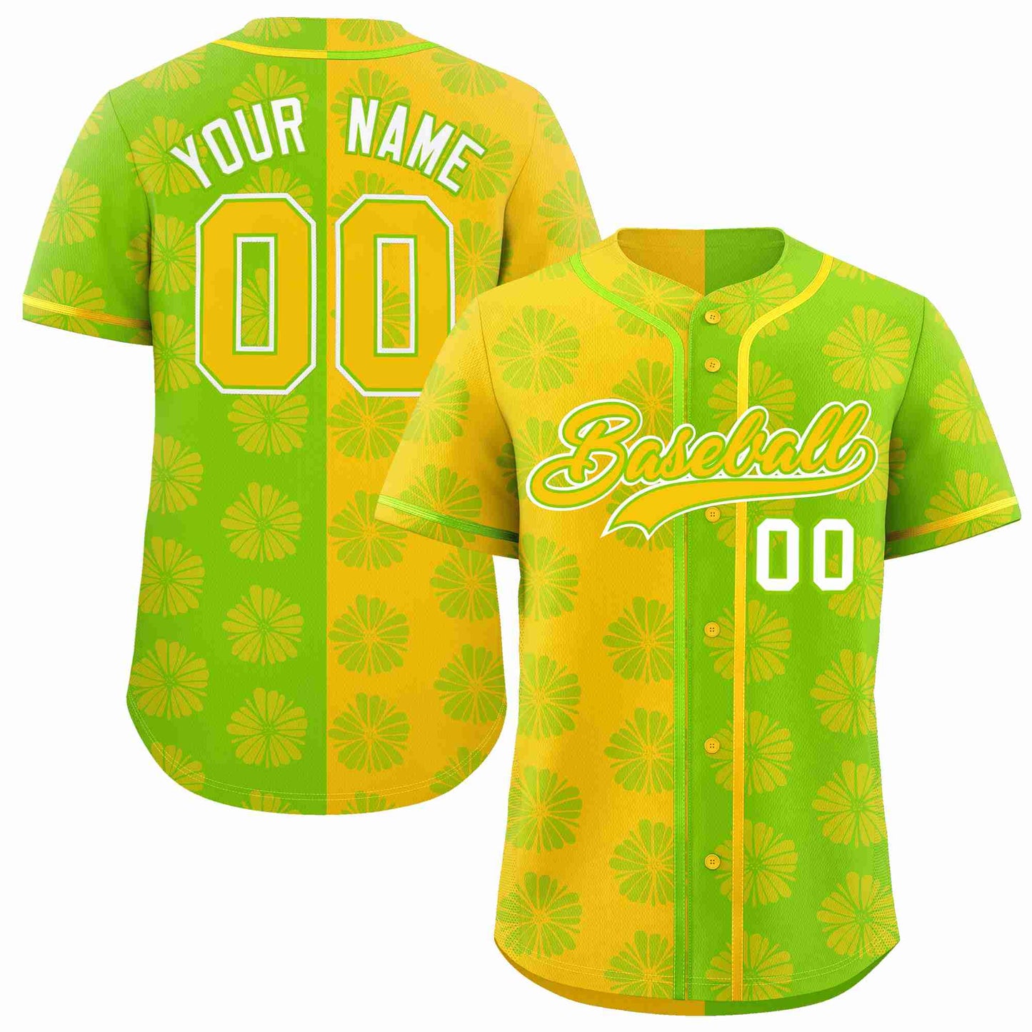 Custom Gold Neon Green Split Fashion Flower Graffiti Pattern Authentic Baseball Jersey