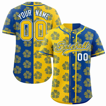 Custom Gold Royal Split Fashion Flower Graffiti Pattern Authentic Baseball Jersey