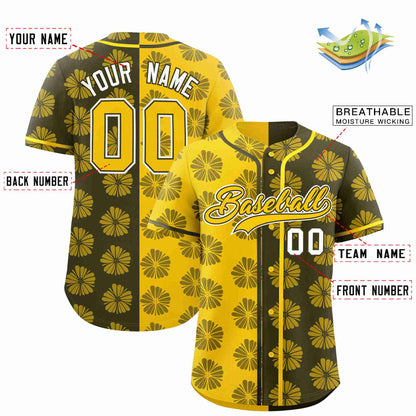 Custom Gold Olive Split Fashion Flower Graffiti Pattern Authentic Baseball Jersey