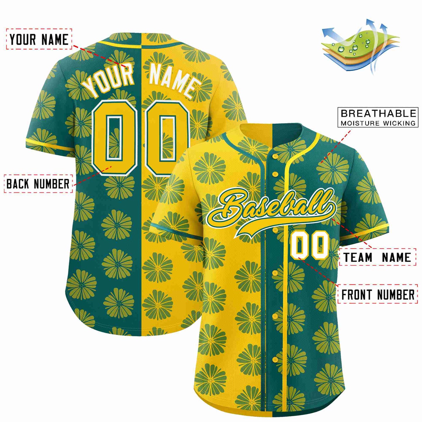 Custom Gold Aqua Split Fashion Flower Graffiti Pattern Authentic Baseball Jersey