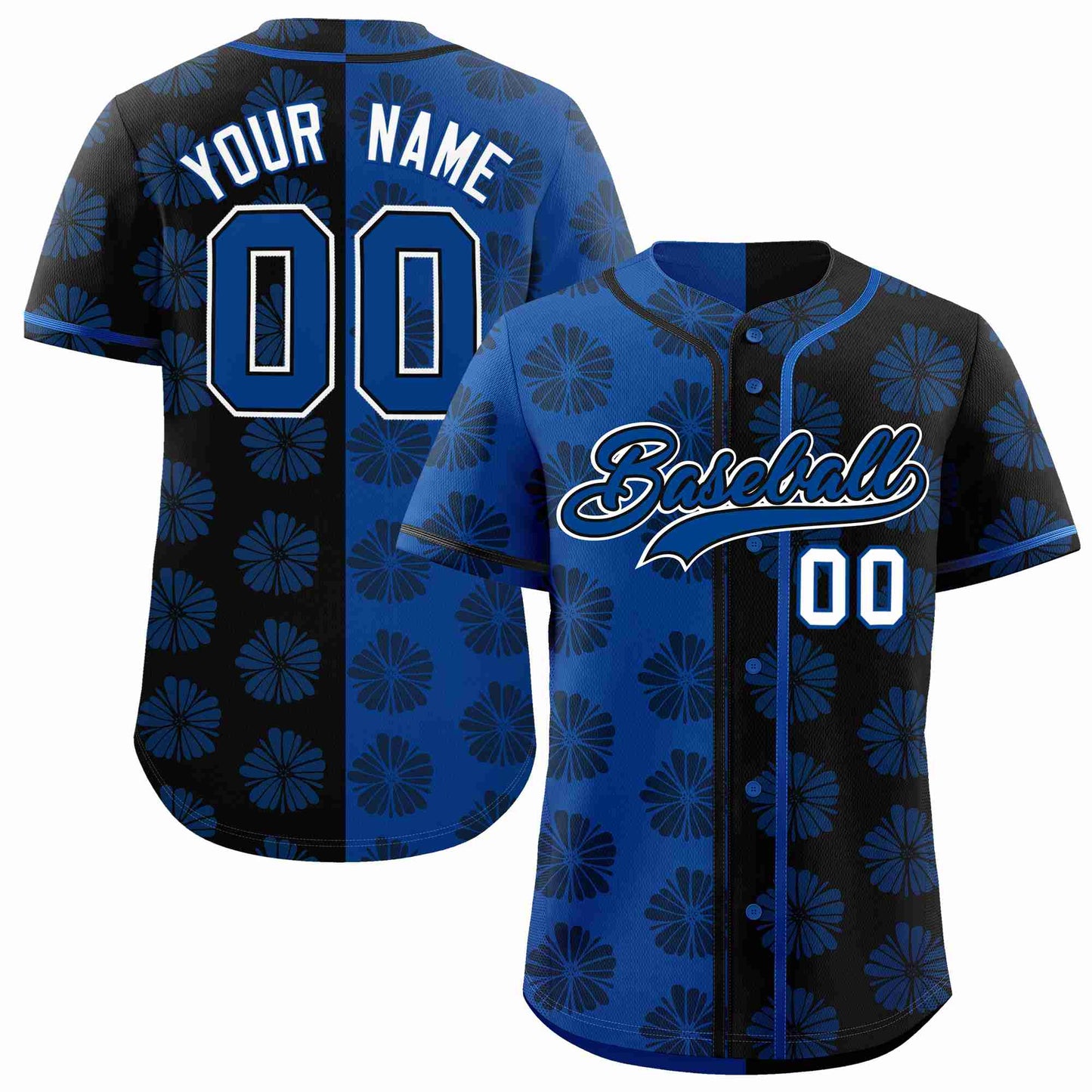 Custom Royal Black Split Fashion Flower Graffiti Pattern Authentic Baseball Jersey