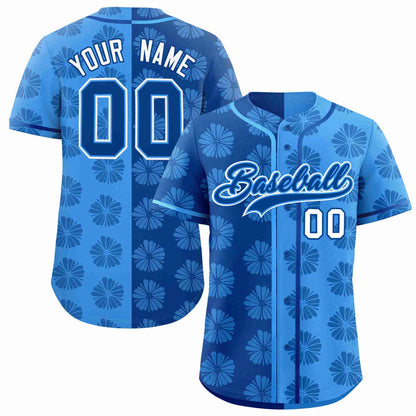 Custom Royal Powder Blue Split Fashion Flower Graffiti Pattern Authentic Baseball Jersey