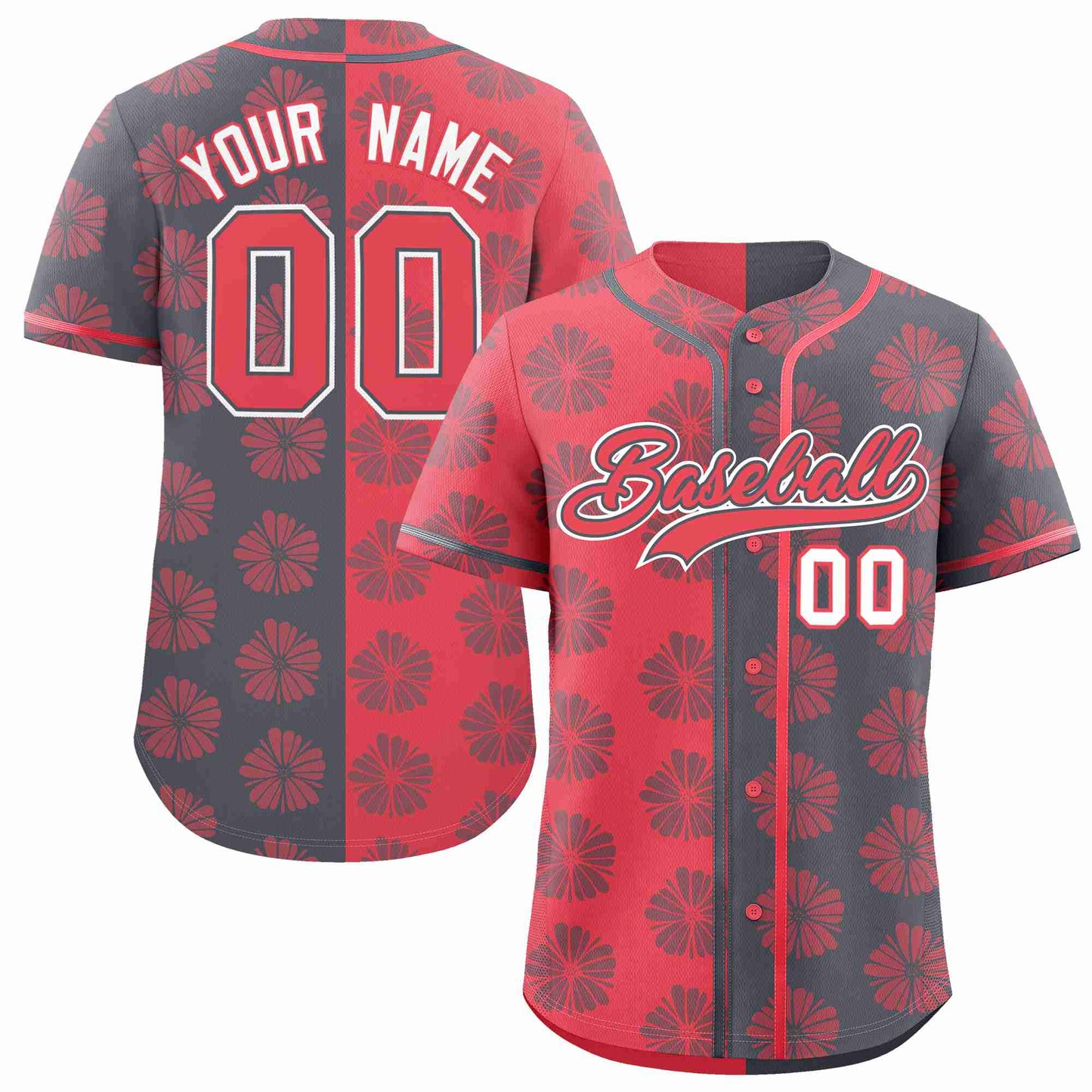 Custom Light Red Dark Gray Split Fashion Flower Graffiti Pattern Authentic Baseball Jersey