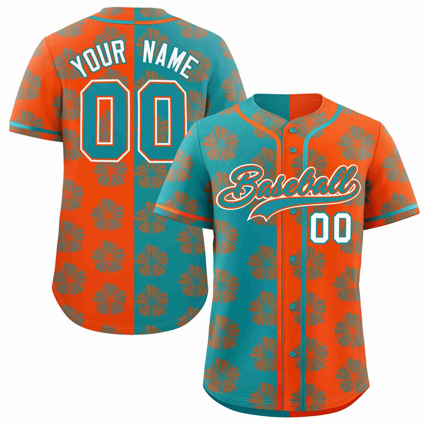 Custom Aqua Orange Split Fashion Flower Graffiti Pattern Authentic Baseball Jersey