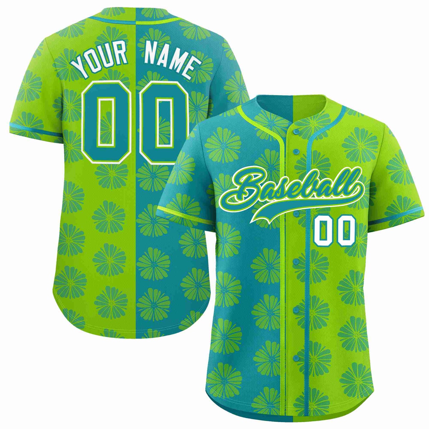 Custom Aqua Neon Green Split Fashion Flower Graffiti Pattern Authentic Baseball Jersey