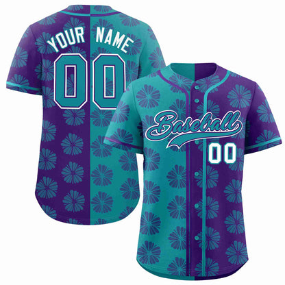 Custom Aqua Purple Split Fashion Flower Graffiti Pattern Authentic Baseball Jersey