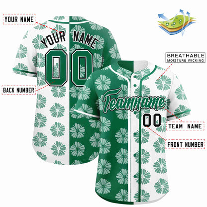 Custom Kelly Green White Split Fashion Flower Graffiti Pattern Authentic Baseball Jersey