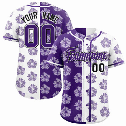 Custom Purple White Split Fashion Flower Graffiti Pattern Authentic Baseball Jersey