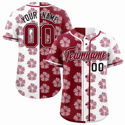 Custom Crimson White Split Fashion Flower Graffiti Pattern Authentic Baseball Jersey