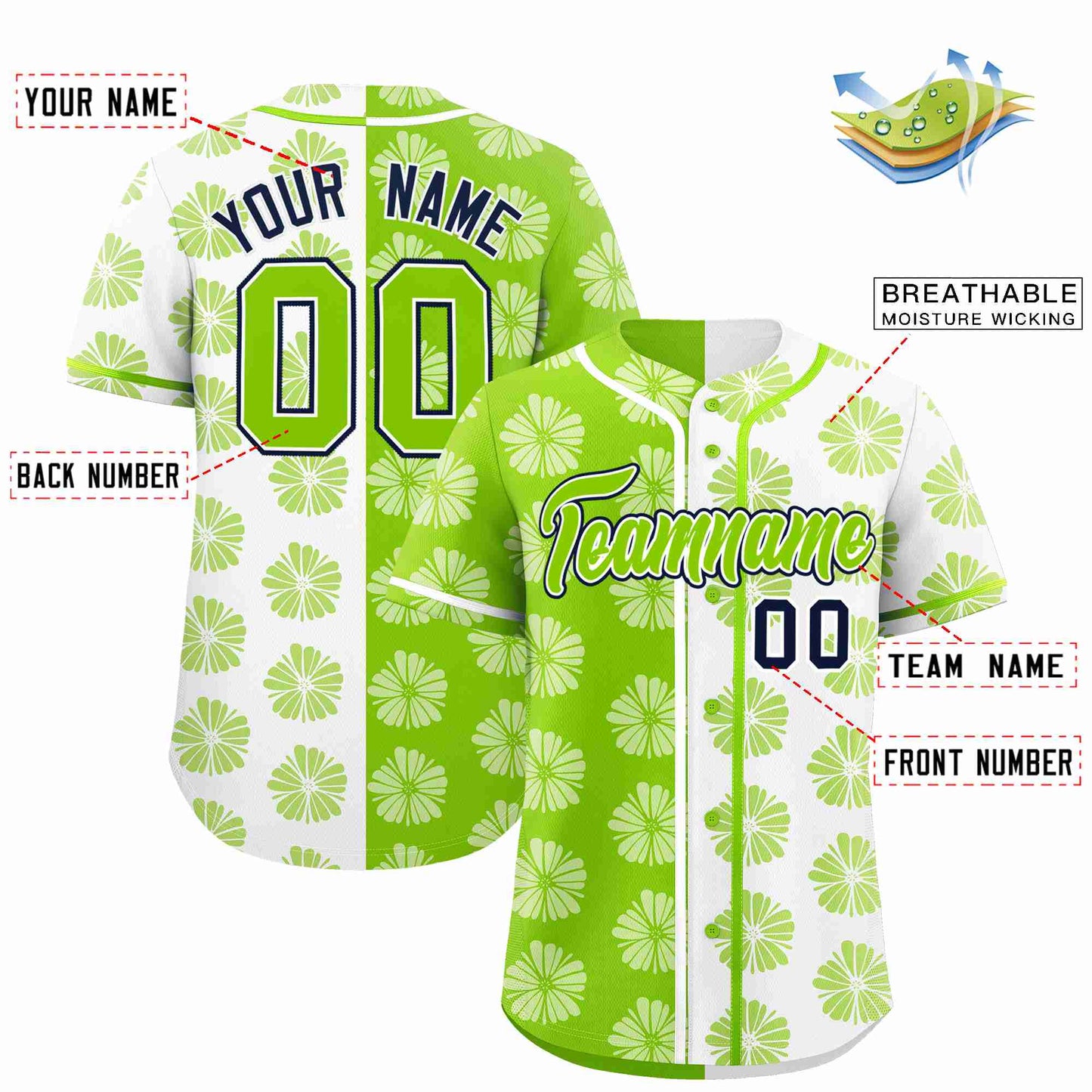 Custom Neon Green White Split Fashion Flower Graffiti Pattern Authentic Baseball Jersey