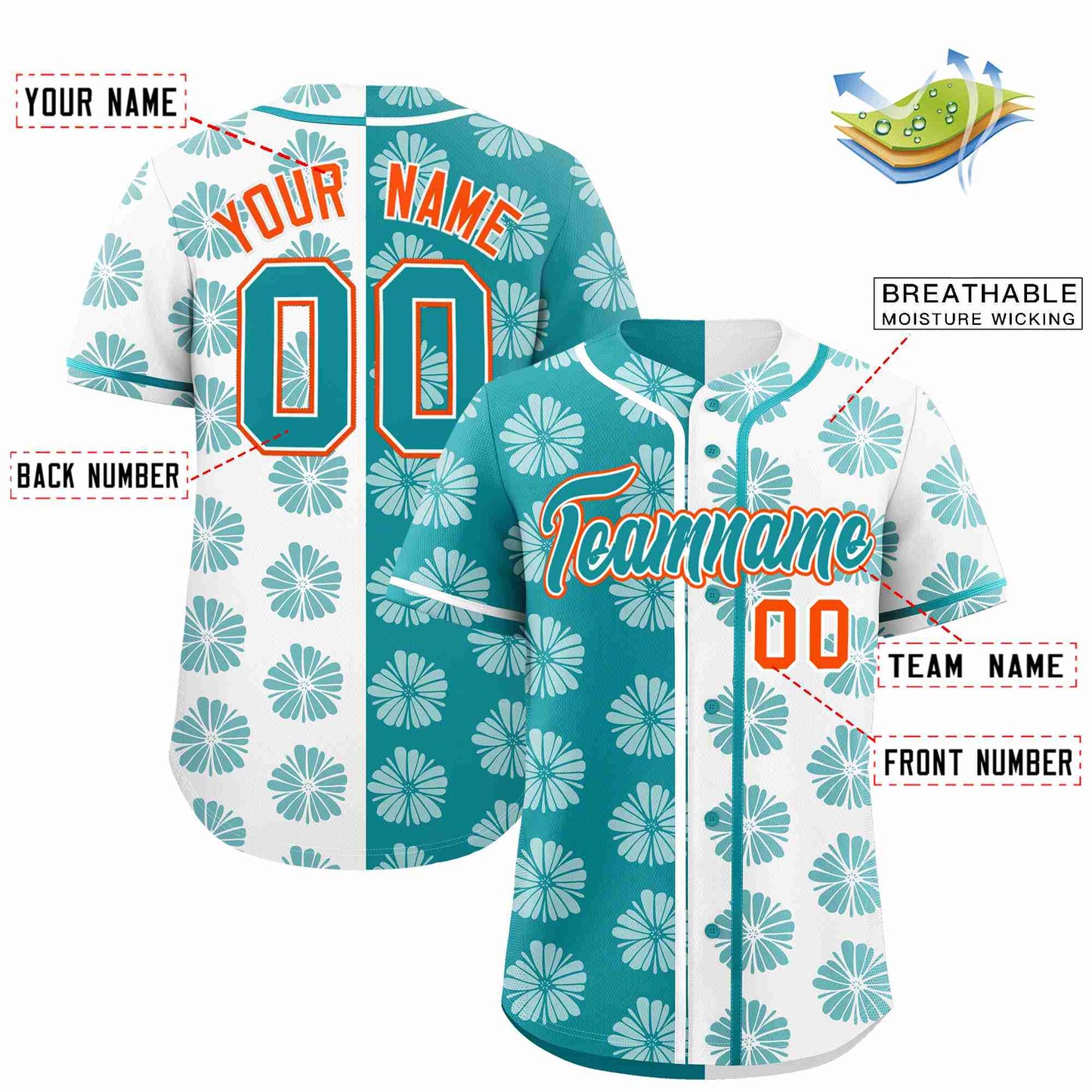 Custom Aqua White Split Fashion Flower Graffiti Pattern Authentic Baseball Jersey