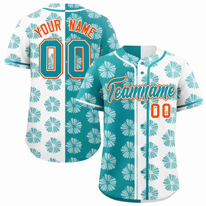 Custom Aqua White Split Fashion Flower Graffiti Pattern Authentic Baseball Jersey