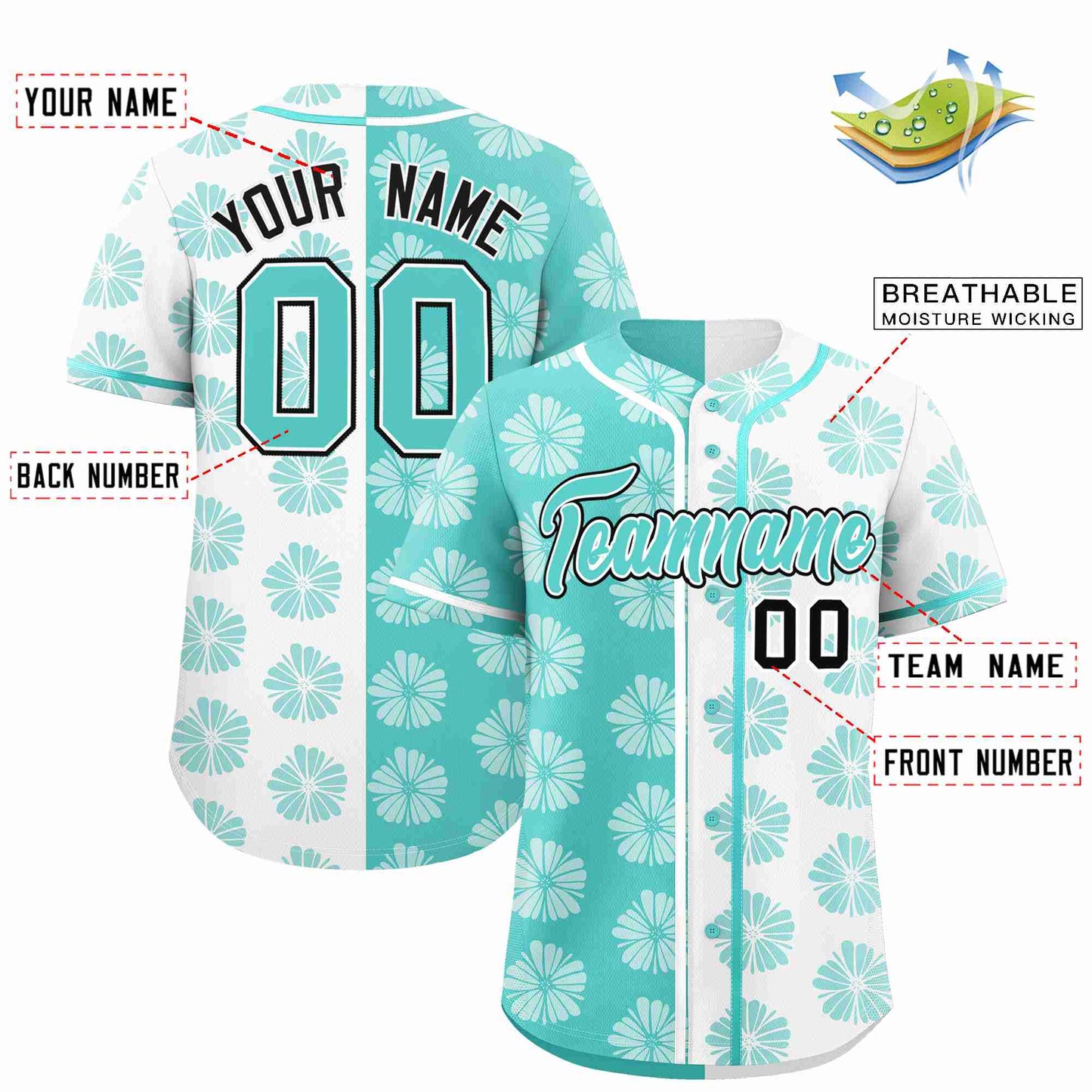 Custom Aqua White Split Fashion Flower Graffiti Pattern Authentic Baseball Jersey