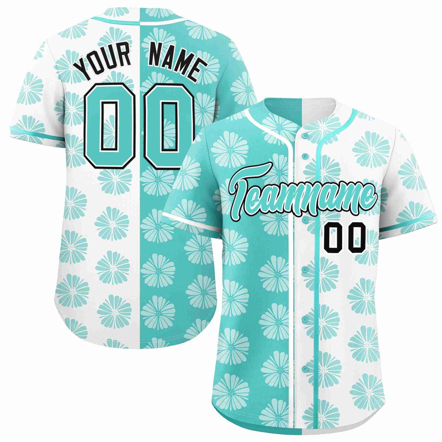 Custom Aqua White Split Fashion Flower Graffiti Pattern Authentic Baseball Jersey