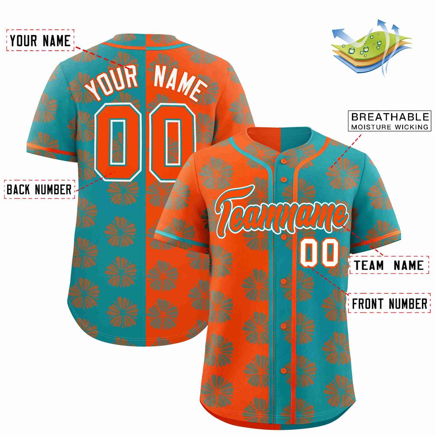 Custom Orange Aqua Split Fashion Flower Graffiti Pattern Authentic Baseball Jersey