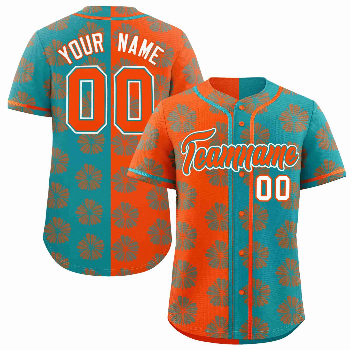 Custom Orange Aqua Split Fashion Flower Graffiti Pattern Authentic Baseball Jersey