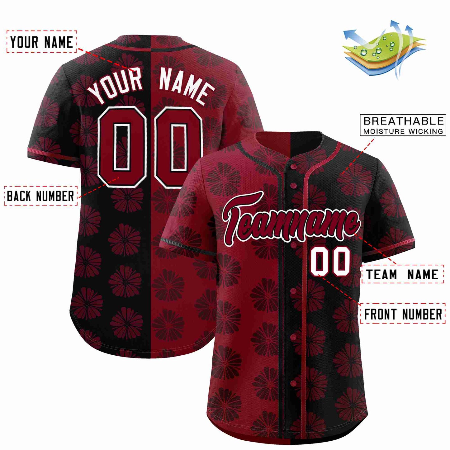 Custom Crimson Black Split Fashion Flower Graffiti Pattern Authentic Baseball Jersey