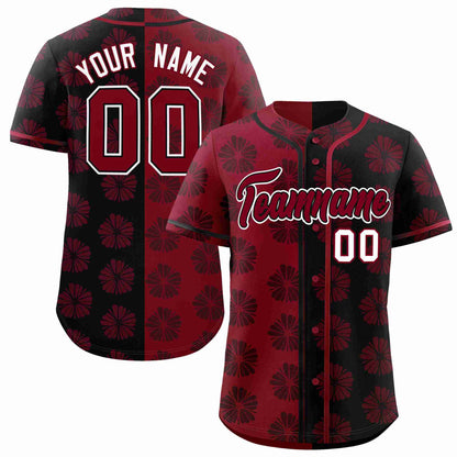 Custom Crimson Black Split Fashion Flower Graffiti Pattern Authentic Baseball Jersey