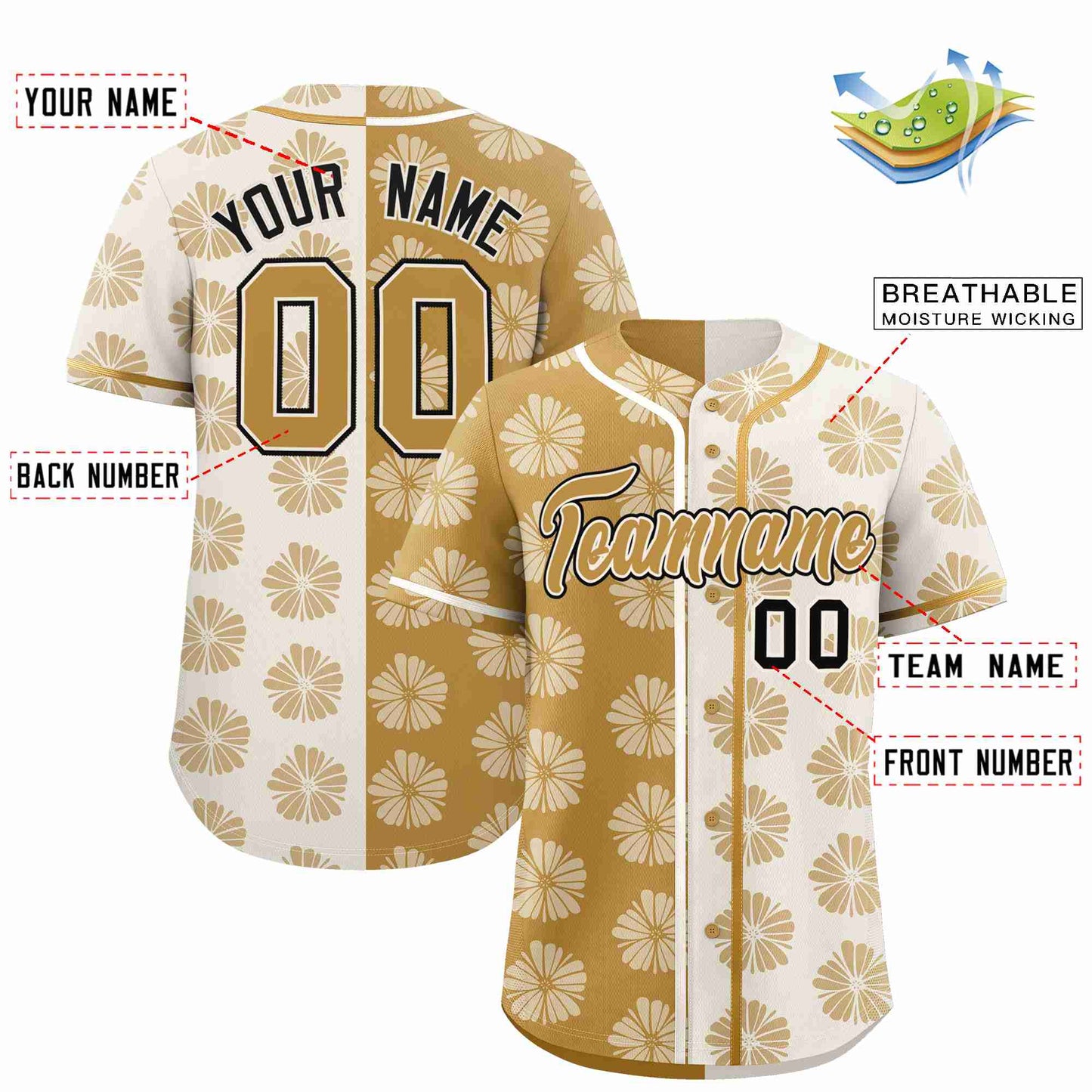 Custom Old Gold Cream Split Fashion Flower Graffiti Pattern Authentic Baseball Jersey