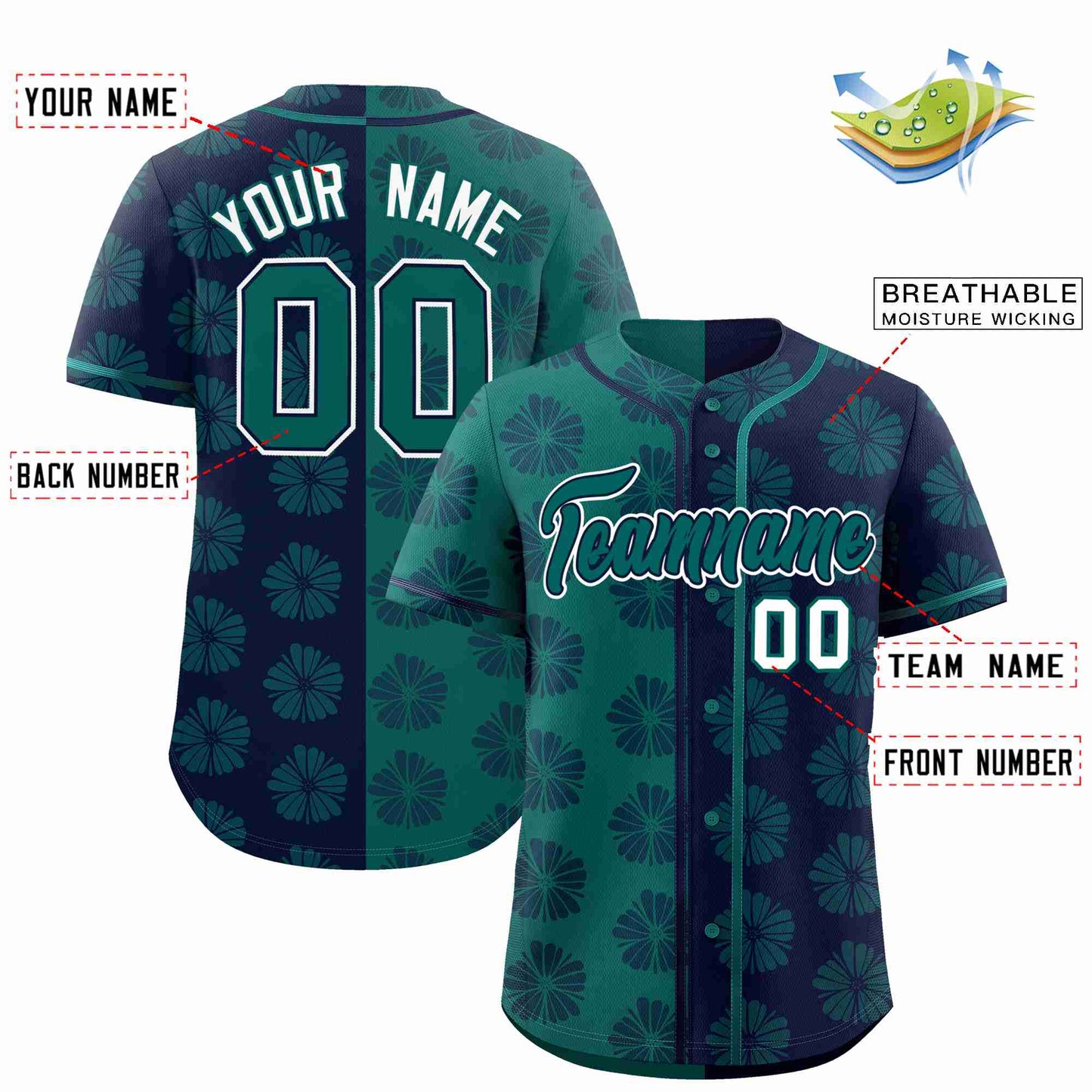 Custom Aqua Navy Split Fashion Flower Graffiti Pattern Authentic Baseball Jersey