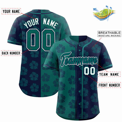 Custom Aqua Navy Split Fashion Flower Graffiti Pattern Authentic Baseball Jersey