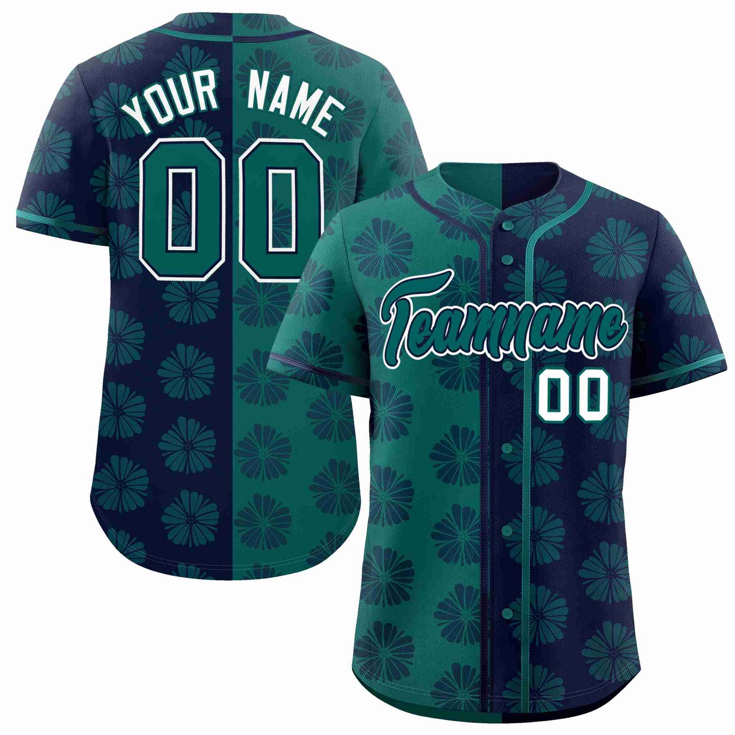 Custom Aqua Navy Split Fashion Flower Graffiti Pattern Authentic Baseball Jersey