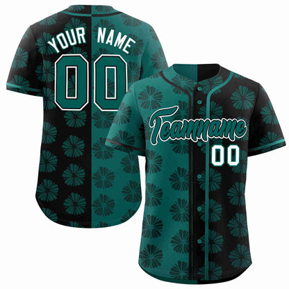 Custom Aqua Black Split Fashion Flower Graffiti Pattern Authentic Baseball Jersey