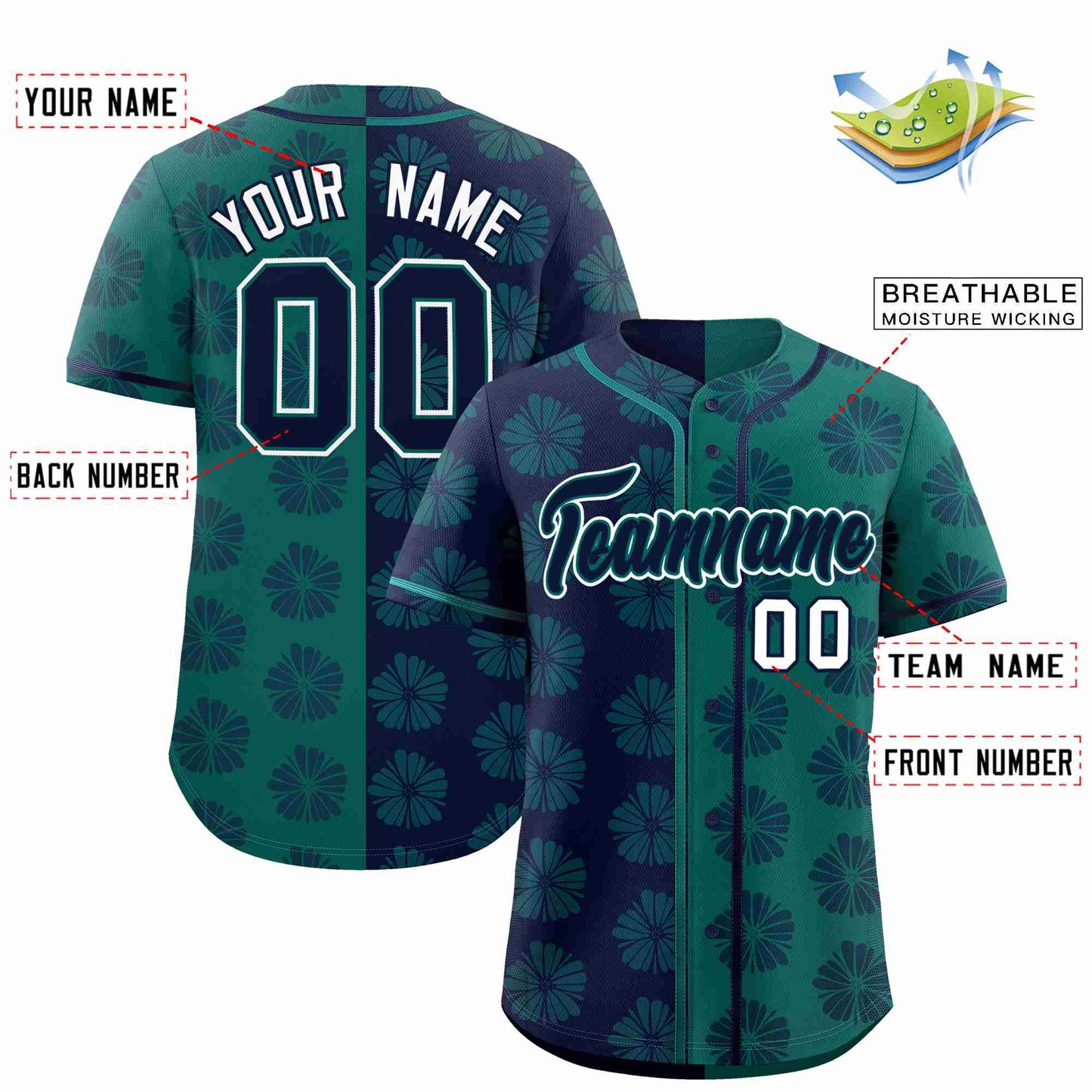 Custom Navy Aqua Split Fashion Flower Graffiti Pattern Authentic Baseball Jersey