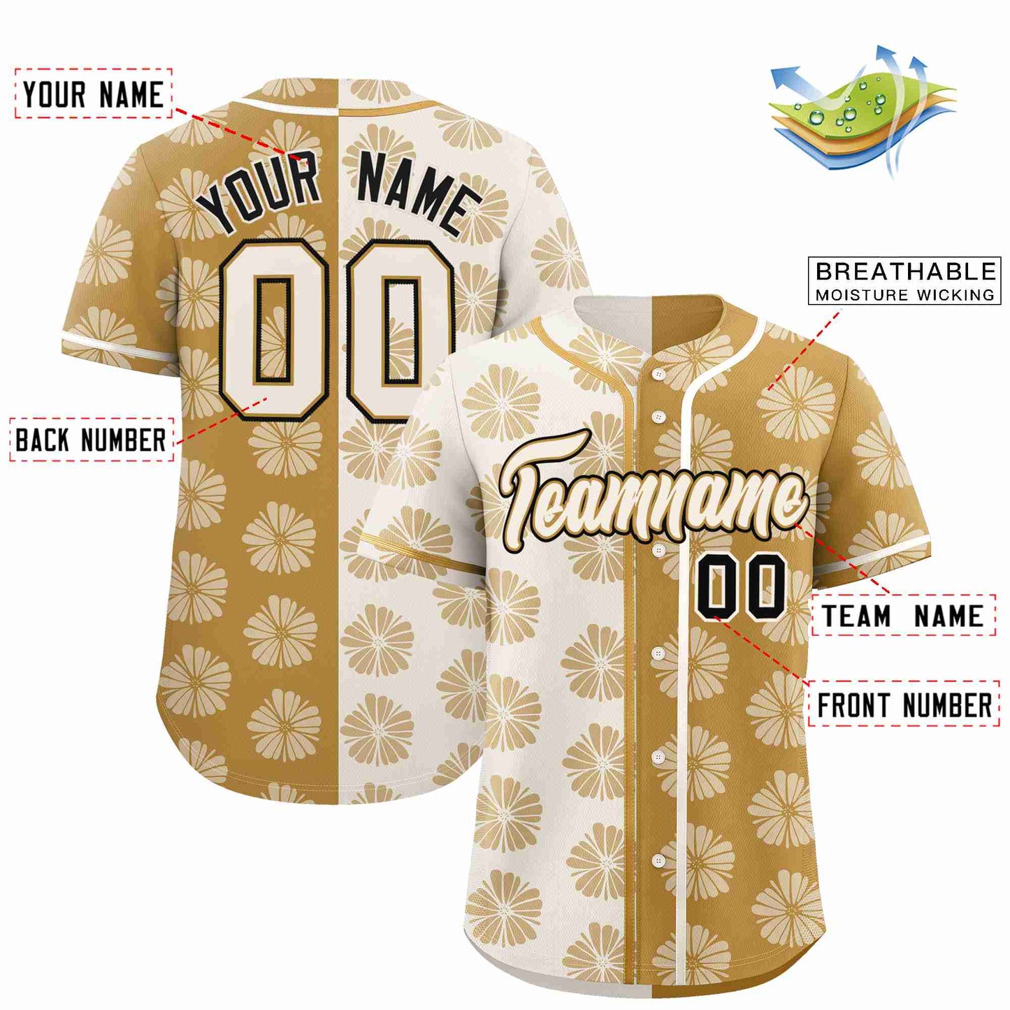 Custom Cream Old Gold Split Fashion Flower Graffiti Pattern Authentic Baseball Jersey