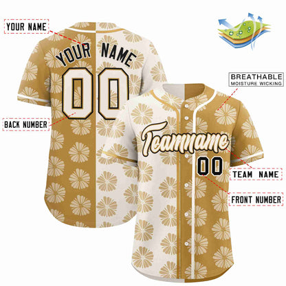 Custom Cream Old Gold Split Fashion Flower Graffiti Pattern Authentic Baseball Jersey