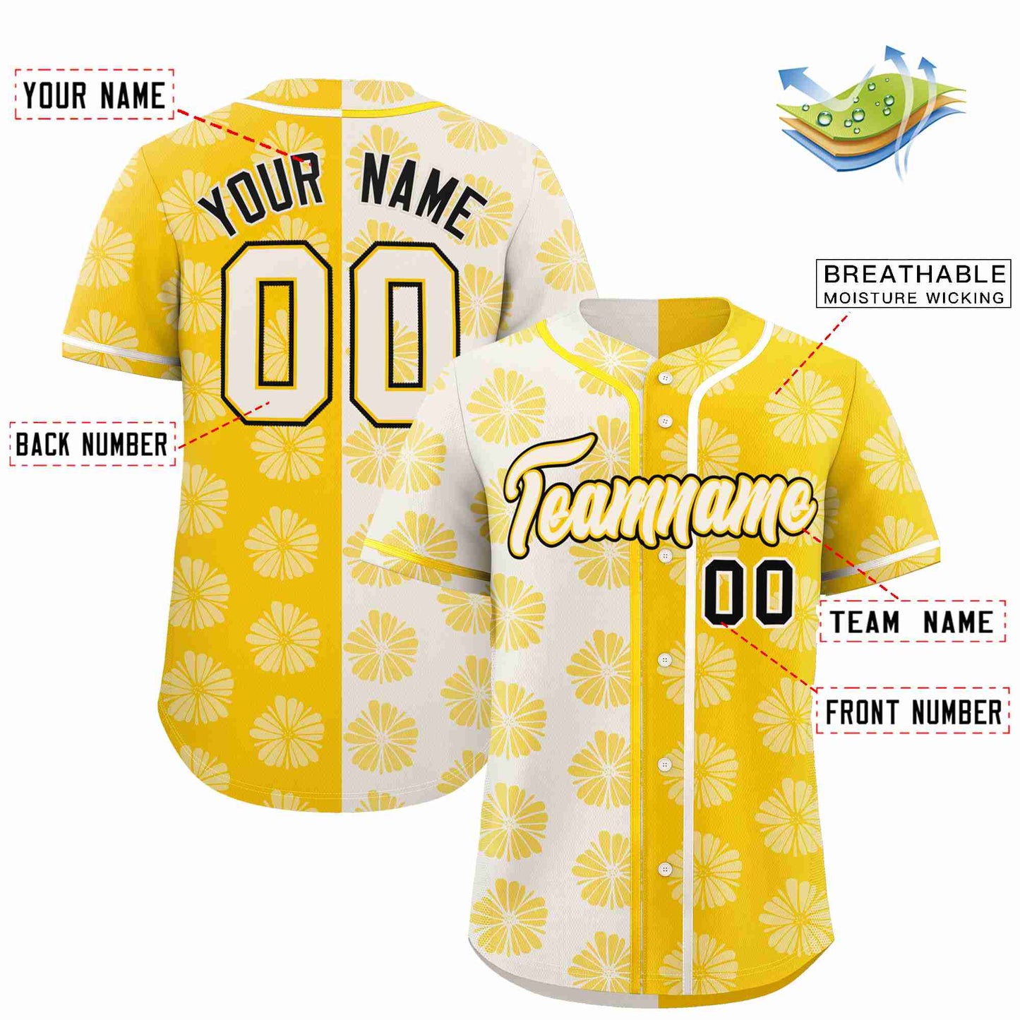 Custom Cream Gold Split Fashion Flower Graffiti Pattern Authentic Baseball Jersey